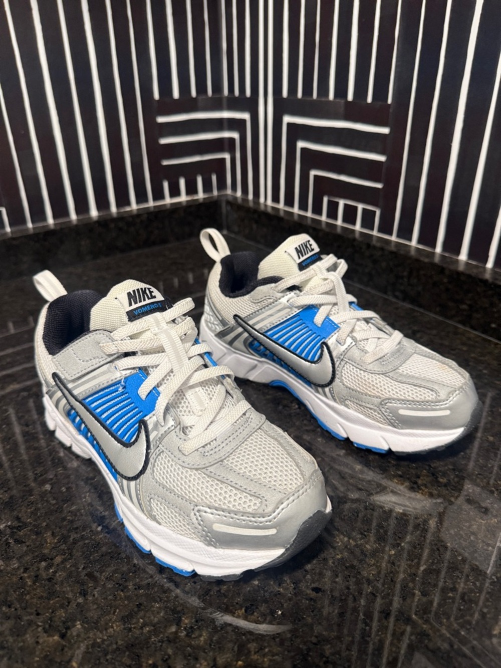Nike Kids Gray and Blue Athletic Sneakers with Black Accents